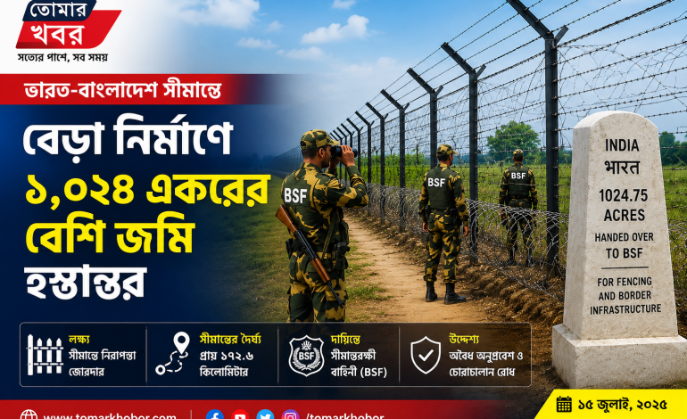 ভারত-বাংলাদেশ সীমান্তে বেড়া নির্মাণে BSF-কে ১,০২৪ একরের বেশি জমি হস্তান্তর পশ্চিমবঙ্গ সরকারের